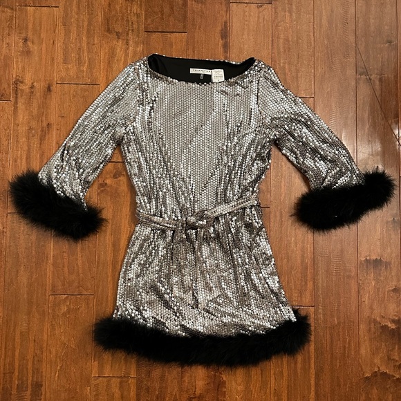 Trina Turk Silver Uhura Sequin Dress with Feather Hem Sz M - Picture 3 of 16